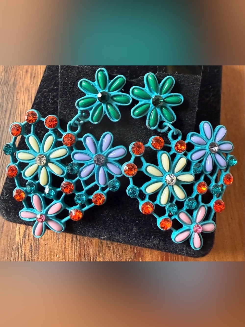 Floral Multicolor Statement Earrings Pierced Rhinestone Blue Metal Heart Flower
